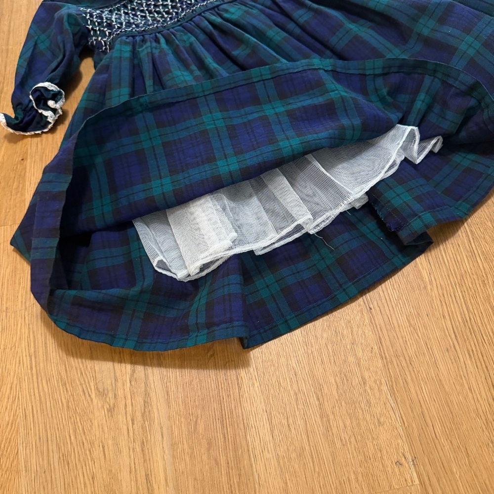 Polly Flinders 3T Blue Green Tartan Plaid Long Sleeve Dress Hand Smocked - Picture 6 of 8